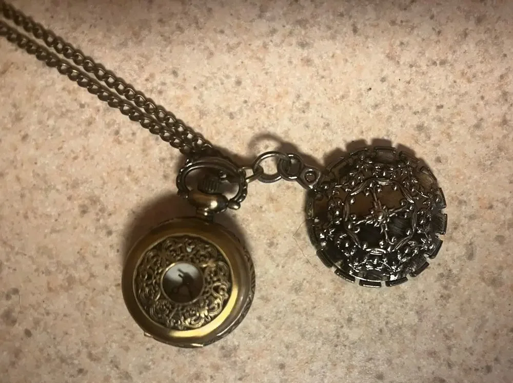 Retro Bronze Pendant Pocket Watch Necklace W/Gunmetal Charm Tone Chain Steampunk